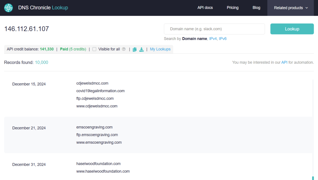 DNS Chronicle lookup results