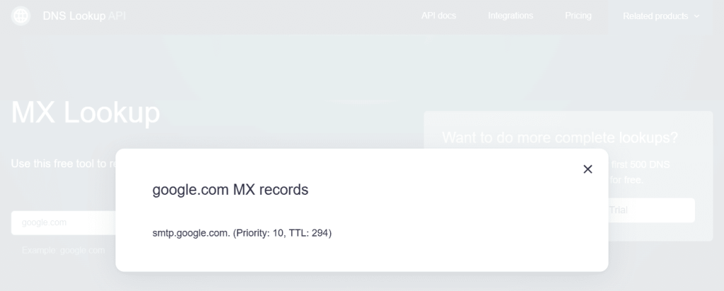 MX record lookup tool results