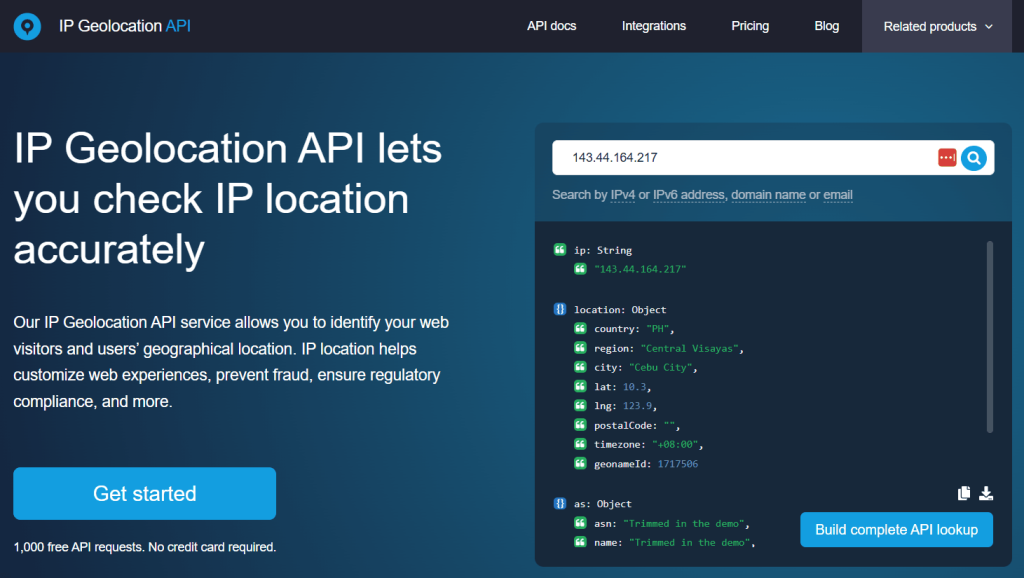 WhoisXML API's IP Geolocation lookup screenshot
