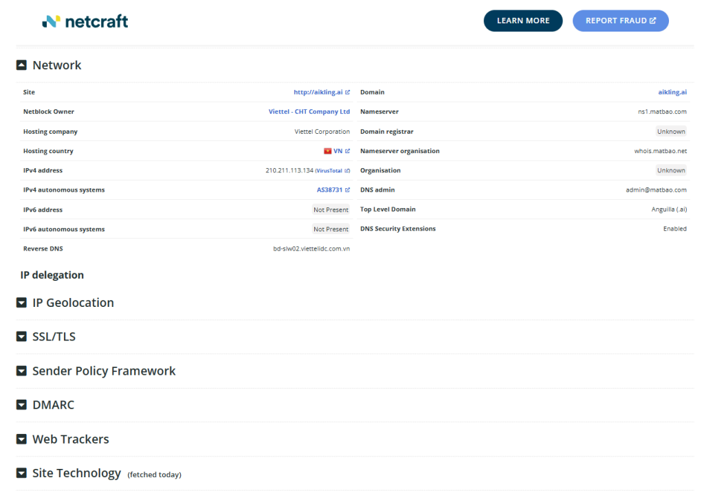 Netcraft's Site Report screenshot
