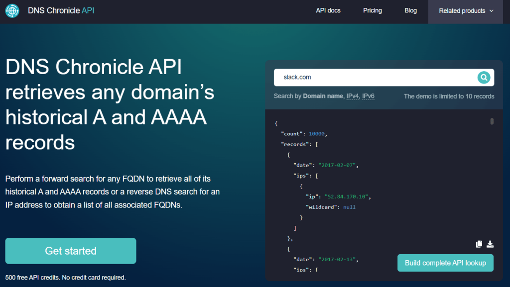 WhoisXML API's DNS History screenshot