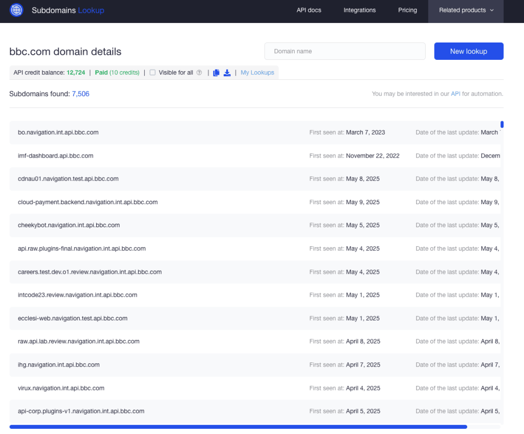 WhoisXML API's subdomains lookup screenshot
