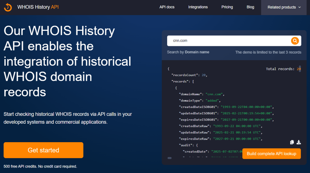 WhoisXML API's Whois History screenshot