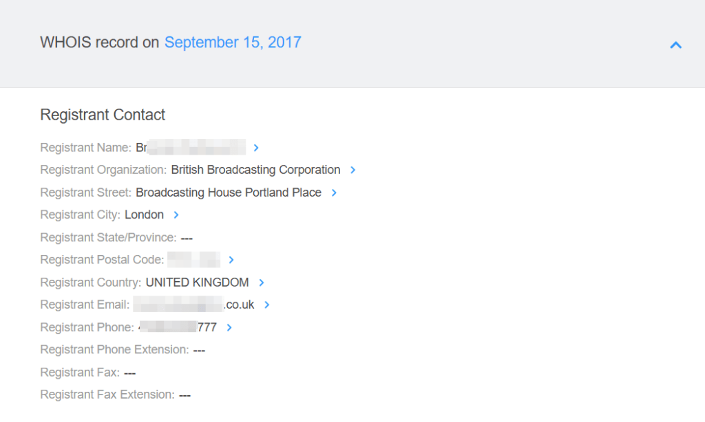 A historical WHOIS record for bbc.com has the now missing data