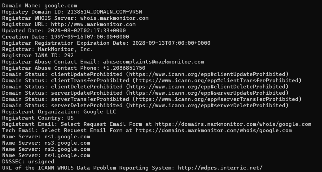 Output from the Windows Sysinternals' WHOIS utility