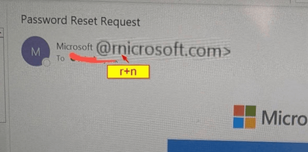 A password reset request from rnicrosoft.com, a domain closely resembling microsoft.com