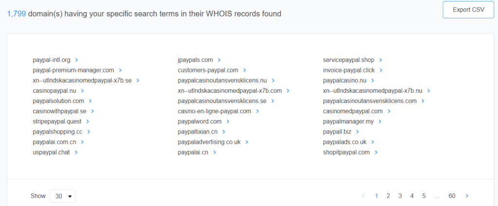 Reverse WHOIS search results