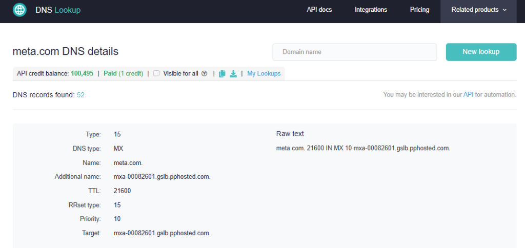 DNS lookup details for meta.com