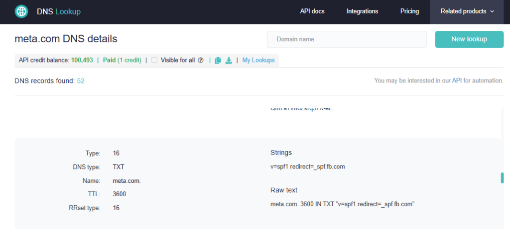 SPF DNS lookup details for meta.com
