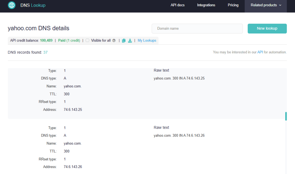 Forward DNS lookup for yahoo.com