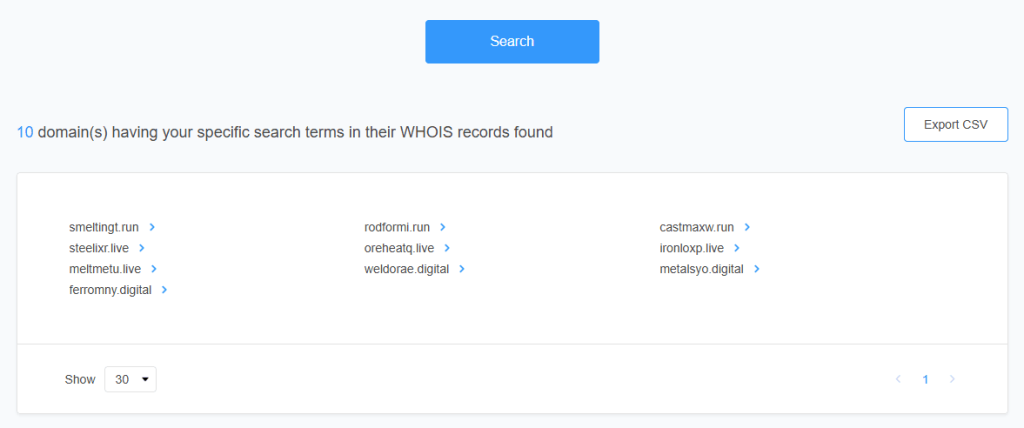 Results of a reverse WHOIS search reveal more domains with the same registrant — very likely attributable to the same person